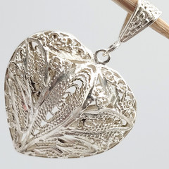 Heart Open Metal Southwestern Style Silver Plated Filigree Puffy Puffed Pendant