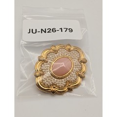 Vintage Gold Tone Scalloped Brooch Pin Pink Cabochon Faux Seed Pearl 2 Inch