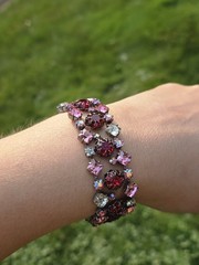 Vintage Attributed To Schreiner Pink Ruby Red Clear Crystal Triple Row Bracelet