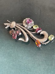 Vintage 1930s 1940s floral spray brooch multicolor glass rhinestones silver