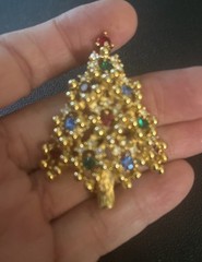 VINTAGE EISENBERG Gold Plated Red Blue Green Christmas Tree Brooch Pin 1950’s