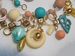 Massive Signed ROXSANN Statement Bib Necklace Sand/Blue Wood GP Shells MOP 25″