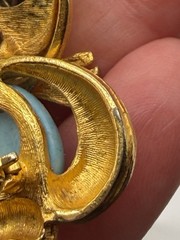 Vintage Cat Brooch Gold Tone Faux Pearl Eyes Blue Dyed Cabochon Belly Stone Pin