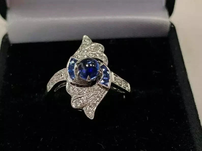 Art Deco Style Lab Created Sapphire & Diamond Wedding 14k White Gold Finish Ring