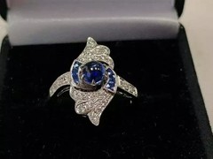 Art Deco Style Lab Created Sapphire & Diamond Wedding 14k White Gold Finish Ring