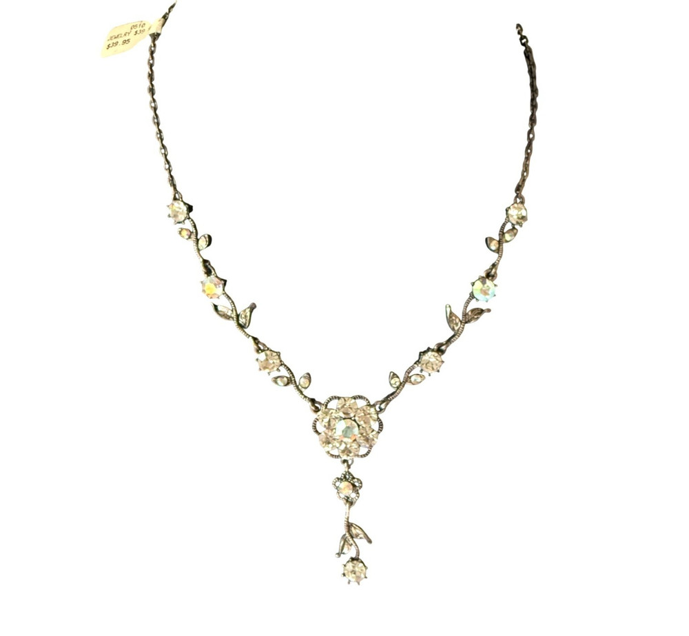 Necklace AB Aurora Borealis Flower Mid Century Botanical Silver Tone 17.5 inches