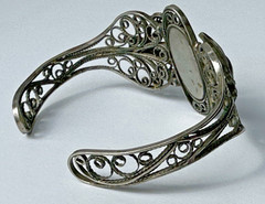 Vintage Painted Floral Motif Enamel Cuff Bracelet W/ Ornate Filigree
