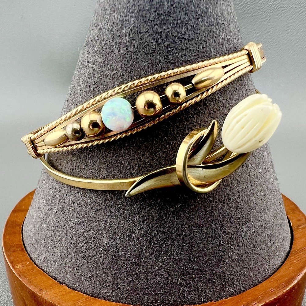 Vintage Bangle Bracelet Lot Fire Opal Carved Lucite Tulip Gold Tone Signed