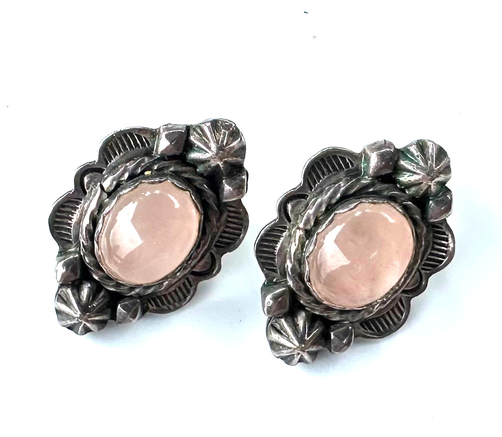Vintage Rose Quartz Southwestern Stud Earrings Tested As Sterling Silver #22