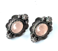 Vintage Rose Quartz Southwestern Stud Earrings Tested As Sterling Silver #22