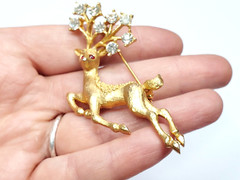 Vintage Signed Mamselle Rhinestone Leaping Reindeer Christmas Holiday Brooch Pin