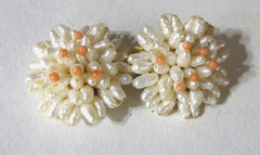 Vintage Rice Pearl Cluster Hand Strung Earrings Clip On Coral Bead Floral Clip