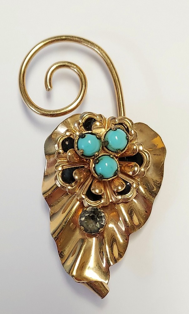 Barclay Brooch Pin Pendant 12kt 1/20 Gold Filled Faux Turquoise Enamel Leaf
