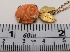 Krementz Carved Coral Rose Flower With Gold Tone Leaves Pendant On 17.75″ Chain.