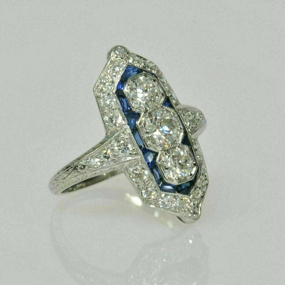 Art Deco Style Rare Design 2.90Ct Lab-Created Diamond & Sapphire Ring 925 Silver
