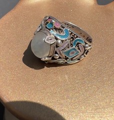 Vintage Chinese Export Sterling Silver Enamel Moonstone Ring Size 8 Marked S925