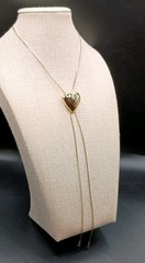 Vintage Heart Lariat Necklace Puffy Slide Pendant Gold Tone Bolo Tassel