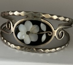 2 Vtg Silver Tone Mexican Alpaca Inlaid Abalone & Turquoise Cuff Bracelets Read