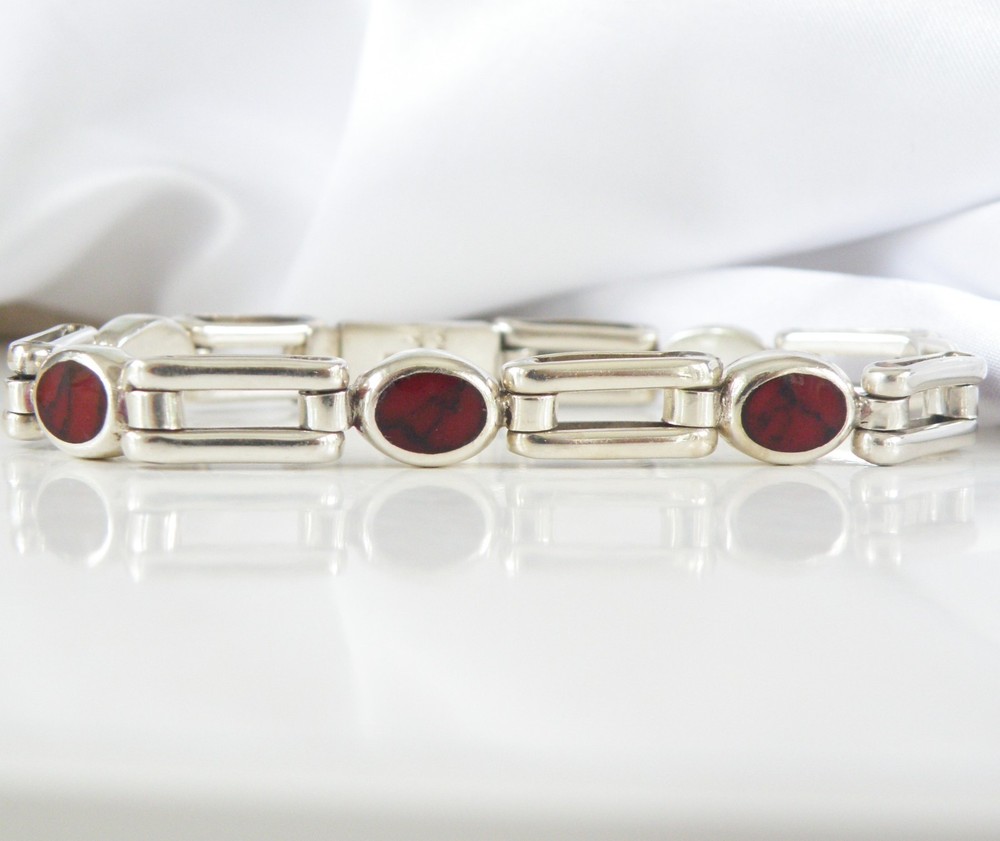 Vintage Sterling Silver 925 Jasper Station Chunky Taxco Mexico Bracelet 8″
