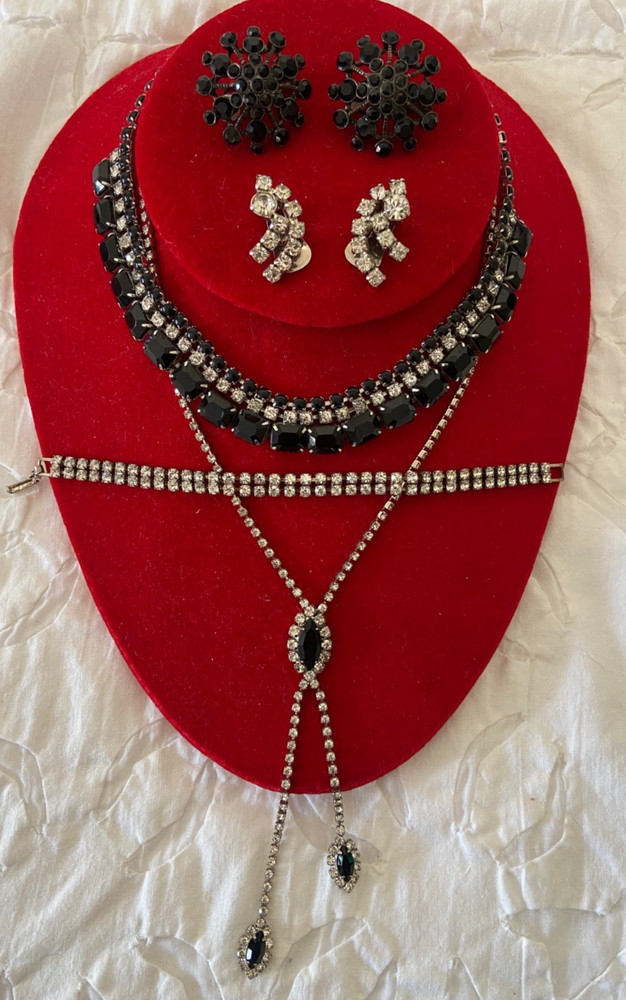 5 pc Vintage Large Black Jet Rhinestone Necklaces, Bracelet, Earrings