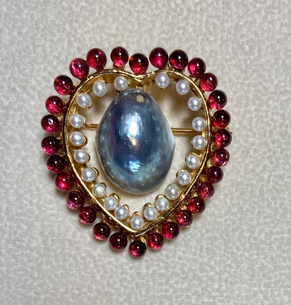 AUTHENTIC SWOBODA HEART BROOCH ~ OSMENA PEARL, GARNET, PEARL ~ WOW!