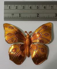 Vintage Made in Germany Enamel Butterfly Brooch Pin Orange Amber Gold Tone LARGE