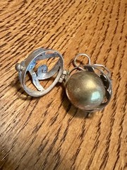 Vintage Brass Harmony Ball Swirled Silver Cage Angel Chime Blue Stone Pendant