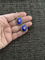Vintage Enamel Guilloche Blue Pink Rose Earrings Pierced