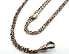 Antique M.S&S Gold Filled Guard Watch Chain Slide 48” Dog Clip Blue Glass Slide
