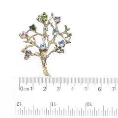 925 Sterling Silver Gold Plated Vintage Real Multi-Color Gem Tree of Life Brooch