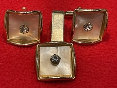 Vintage Cufflinks & Tie Bar – Gold Tone Mother of Pearl Like w/Rhinestone Center