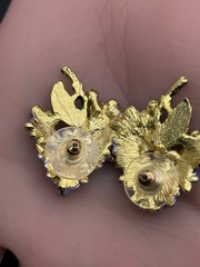 Vintage Brooch Earrings Set Pierced Purple Green Leaf Flowers Open Work.