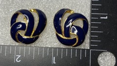 Vintage Swirl 1” Blue Enamel & Gold Tone Post Earrings For Pierced Ears vg