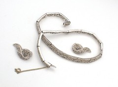 Panetta 1940s Cutout Scroll Rhinestone Necklace Clip Earring Set; Book Reference