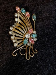 Butterfly Brooch P&F 12k Gold Filled Glass Rhinestones Pink Blue Clear