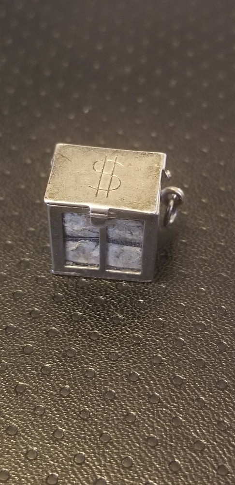 VINTAGE JMS STERLING SILVER 3-D MONEY BOX CHARM WITH DOLLAR INSIDE