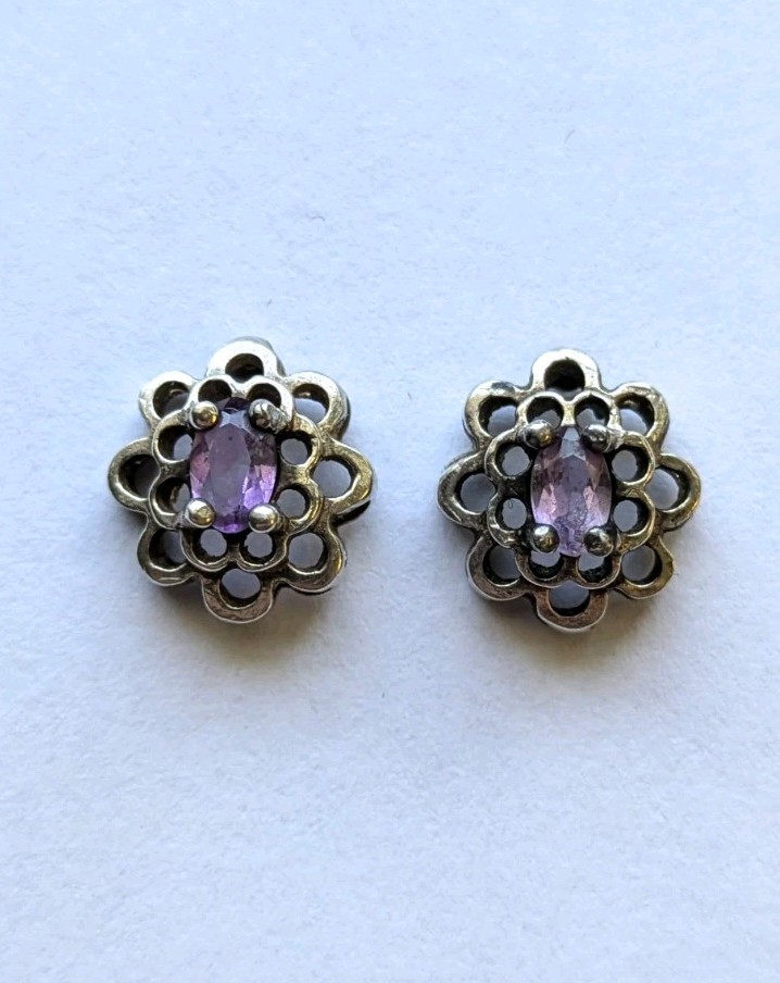 Vintage Sterling Silver Amethyst Open Work Flower Earrings