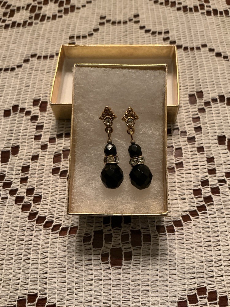 1928 Vintage Black Bead & Rhinestone Pierced Dangle Post Earrings – Gold Tone