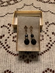 1928 Vintage Black Bead & Rhinestone Pierced Dangle Post Earrings – Gold Tone