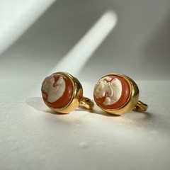 Vintage CROWN TRIFARI 1960s Gold Toned Orange and Ivory Cameo Clip On Earrings