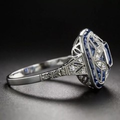Art Deco Emerald Cut Sapphire & Lab Created Diamond 925 Silver Anniversary Ring
