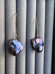 Black Baroque Pearl Earrings, Iridescent Peacock Color, Sterling Silver