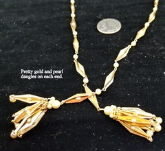 New in Box Vintage Goldtone & Pearl Fold-over Necklace without Clasp 33 inches