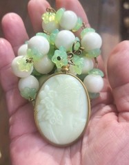 SALE! VINTAGE URANIUM LADY CAMEO PENDANT 1930’S URANIUM GLASS BEAD NECKLACE SET