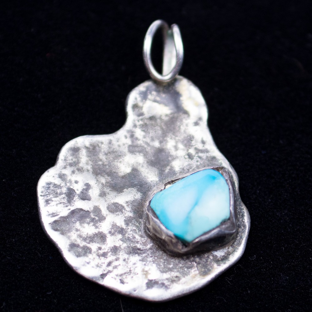 Vintage Artist Made Irregular Sterling Silver Pendant with Turquoise Stone 1″