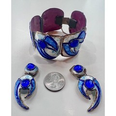 Andrée Bazot Paris Enamel Cuff Bracelet Earrings Blue Poured Glass Demi Parure