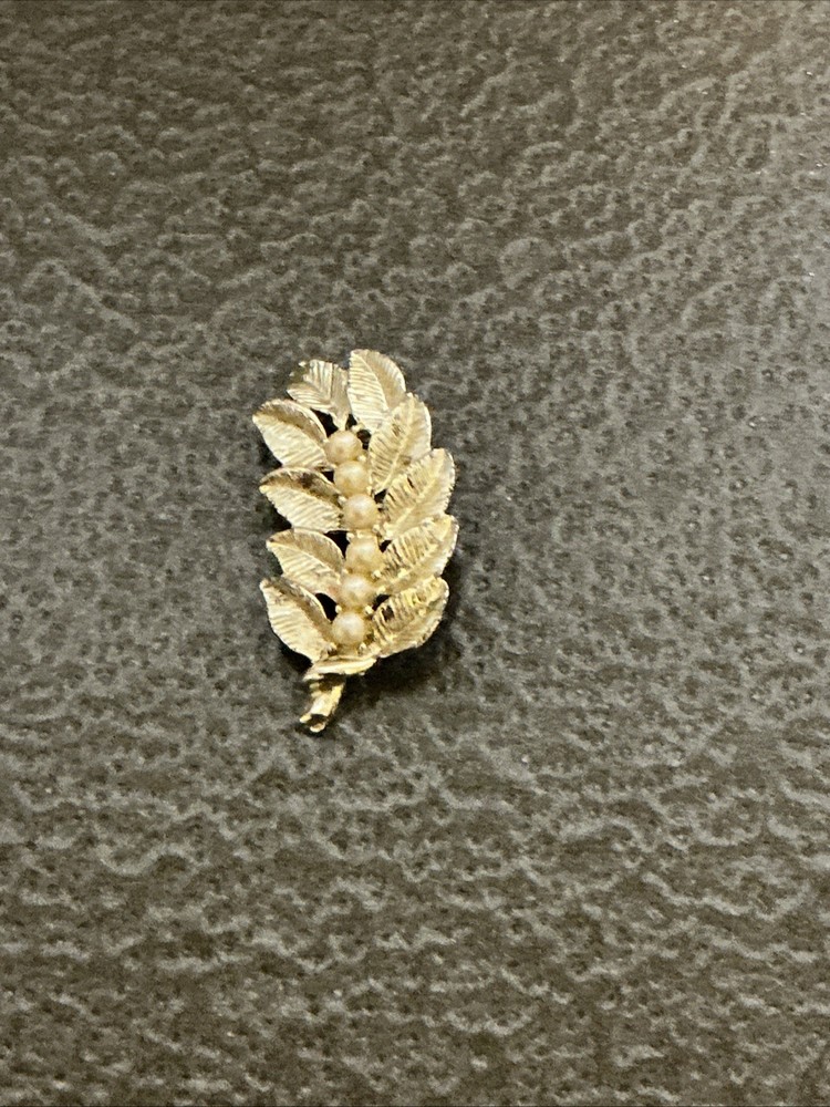 Vintage Gold Tone Leaf With Faux Pearls Brooch Mid Century Modern Curved Pin