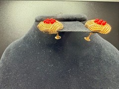 Vintage Chunky Gold Twist Faux Coral Cabochon Screw Back Clip On Earrings 60s