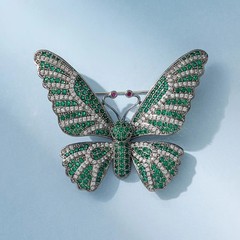 3.00Ct Round Cut Lab Created Emerald Butterfly Brooch Pin 14K White Gold Plated