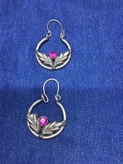 Vintage Hazara Silver Earrings 8.7g Pink Glass Stone Tribal Ethnic Hoop Drop